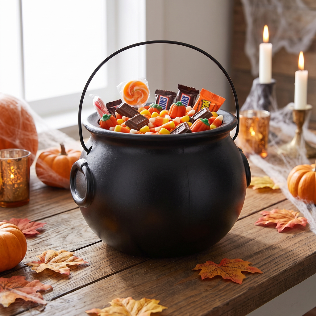 8 inch Black Witch Cauldron Bucket - Halloween Candy Bowl & Trick-or-Treat Pail