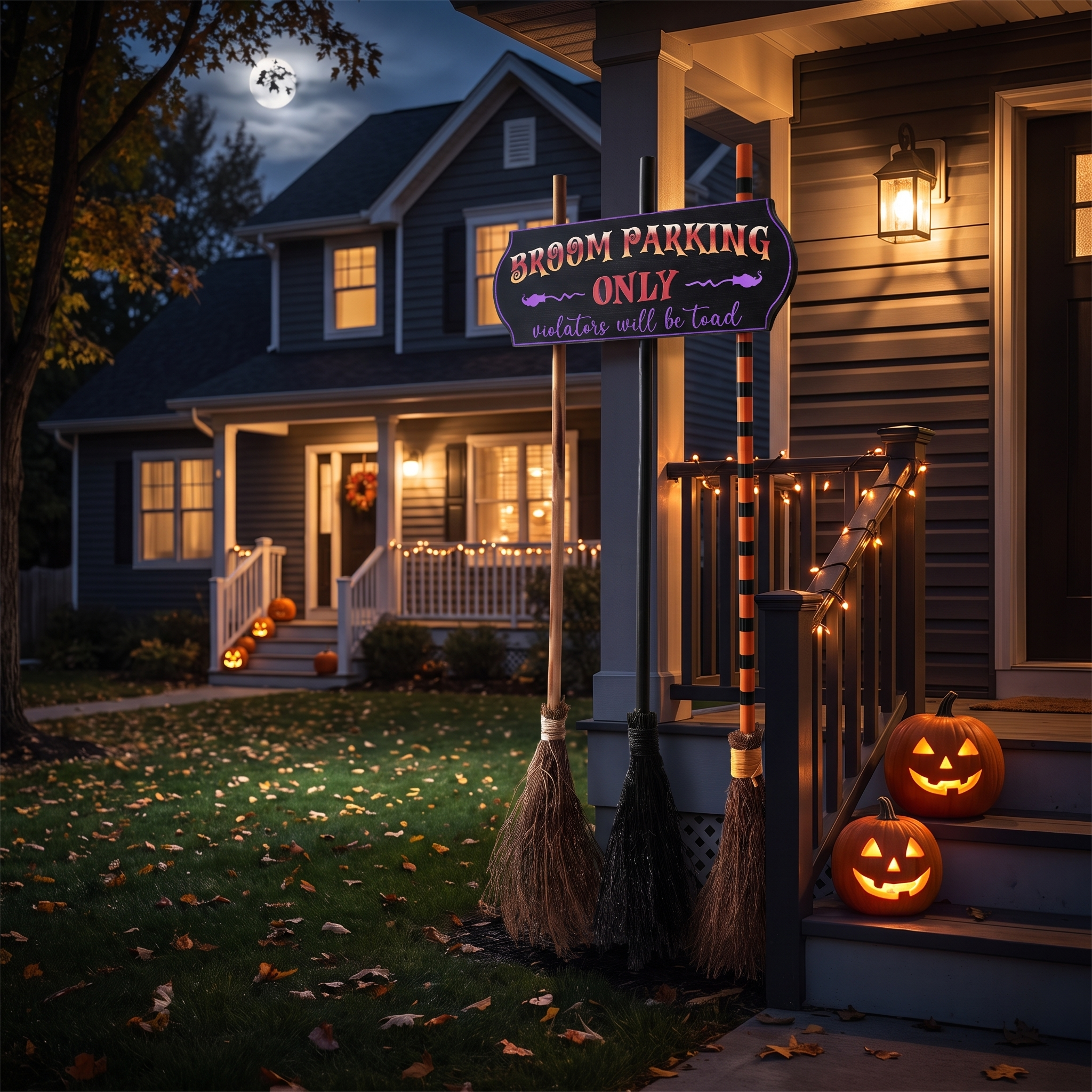 Witch Broom Parking Sign with 3 Wooden Brooms - Hocus Pocus Front Porch Decor