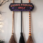 Witch Broom Parking Sign with 3 Wooden Brooms - Hocus Pocus Front Porch Decor
