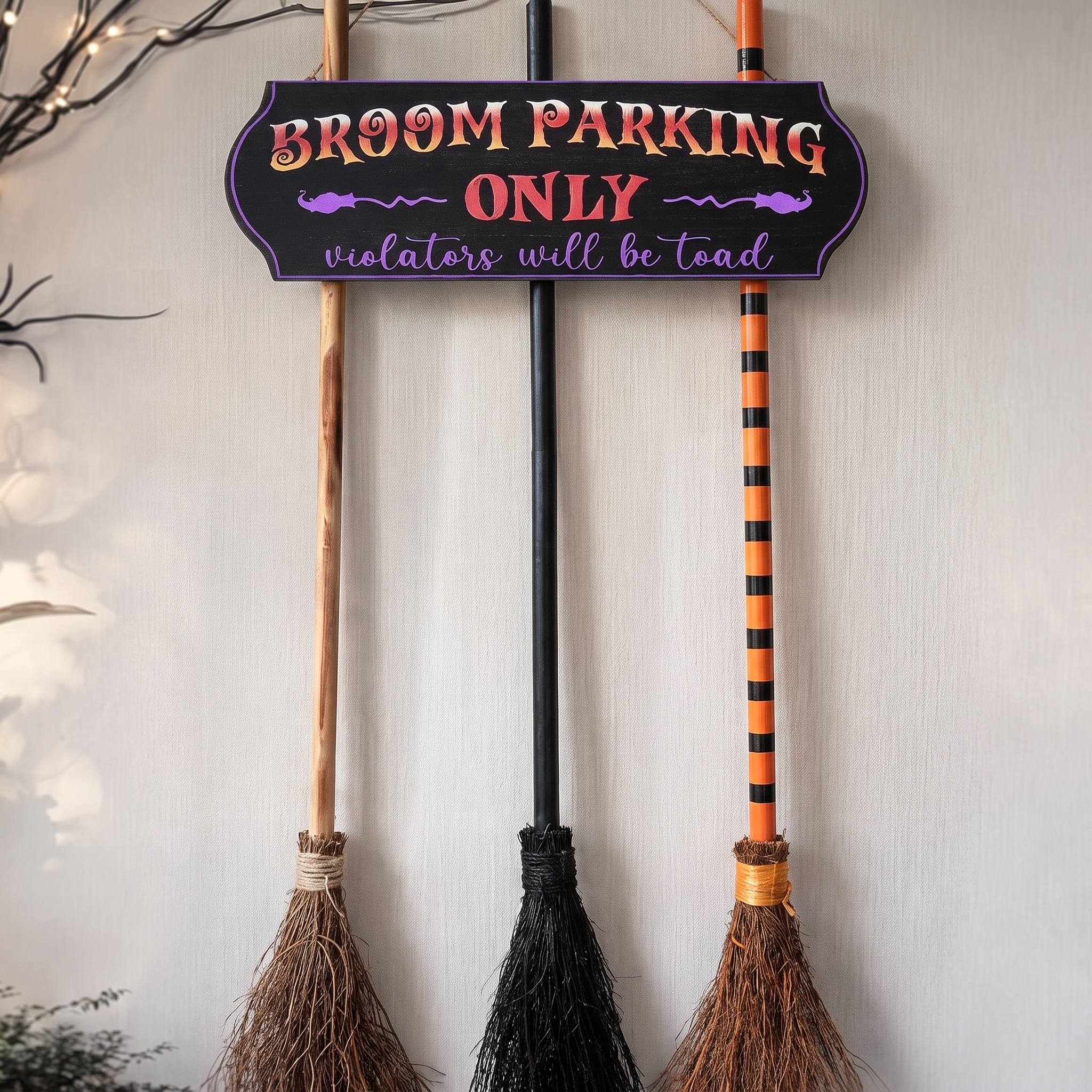 Witch Broom Parking Sign with 3 Wooden Brooms - Hocus Pocus Front Porch Decor