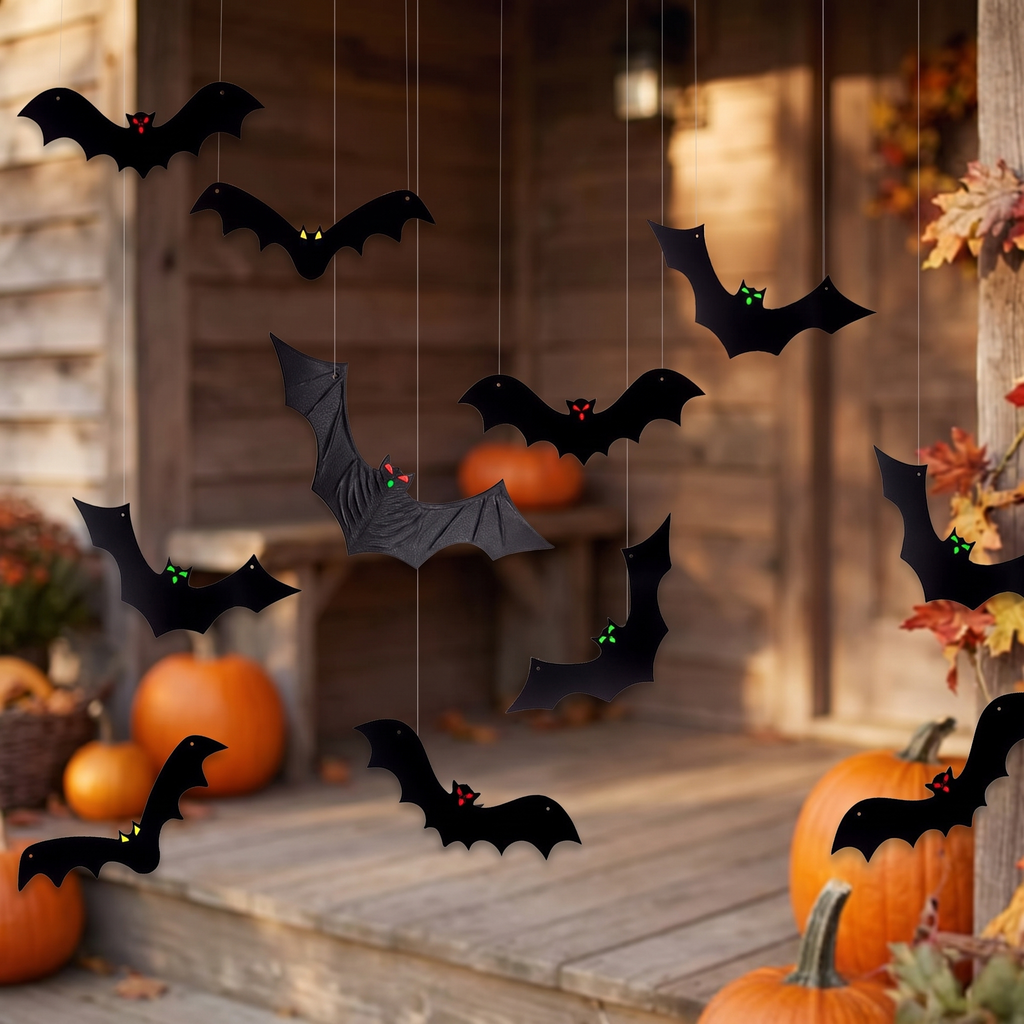 Halloween Hanging Bats - 12 Pack 3D Realistic Black Bats for Yard & Outdoor