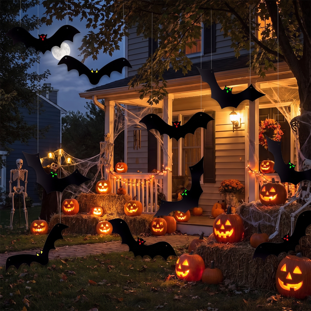 Halloween Hanging Bats - 12 Pack 3D Realistic Black Bats for Yard & Outdoor