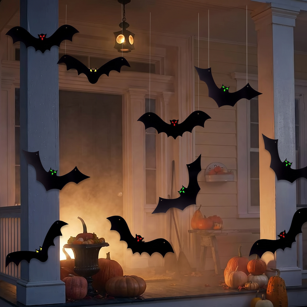 Halloween Hanging Bats - 12 Pack 3D Realistic Black Bats for Yard & Outdoor