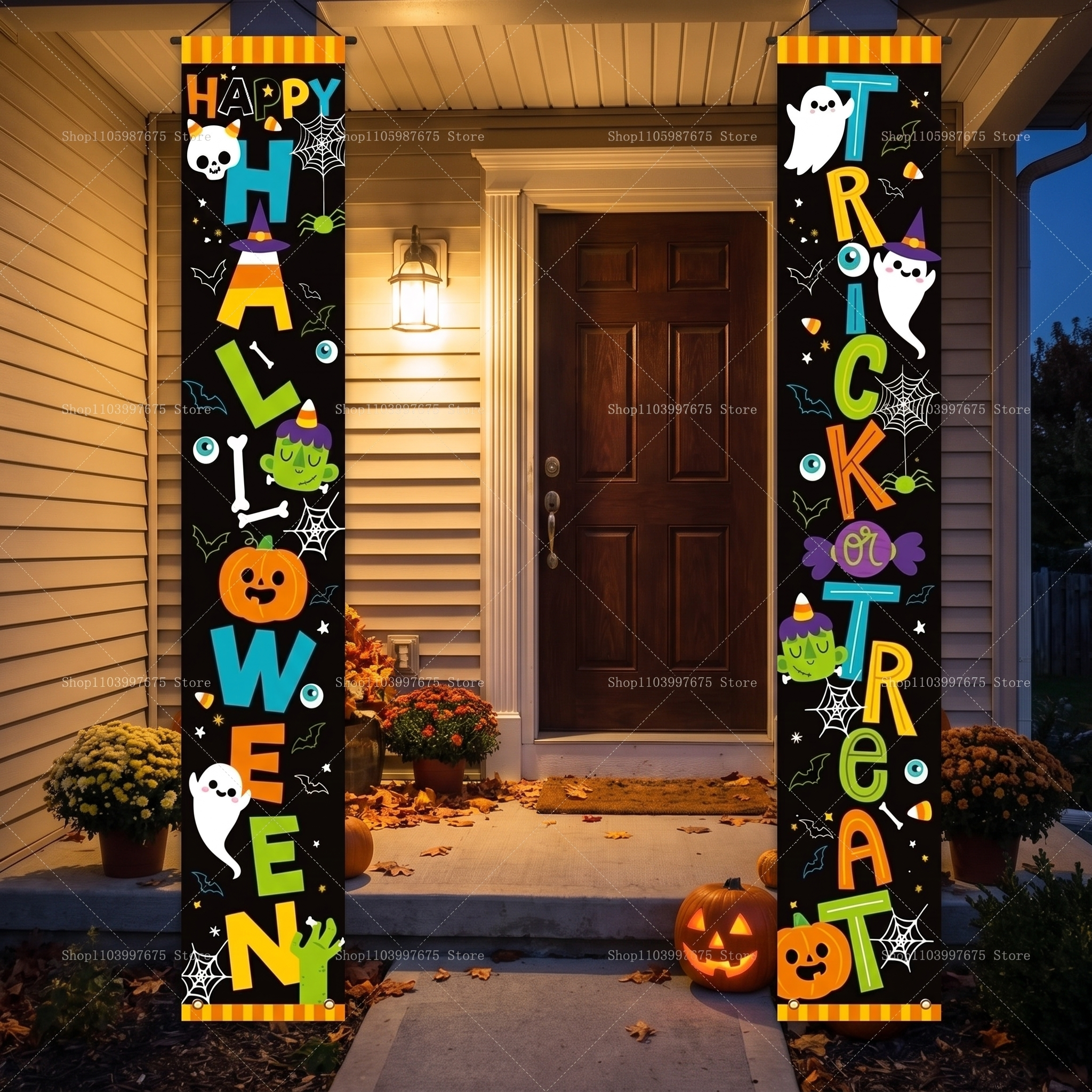 Happy Halloween Porch Banner - Pumpkin & Ghost Trick-or-Treat Wall Hanging
