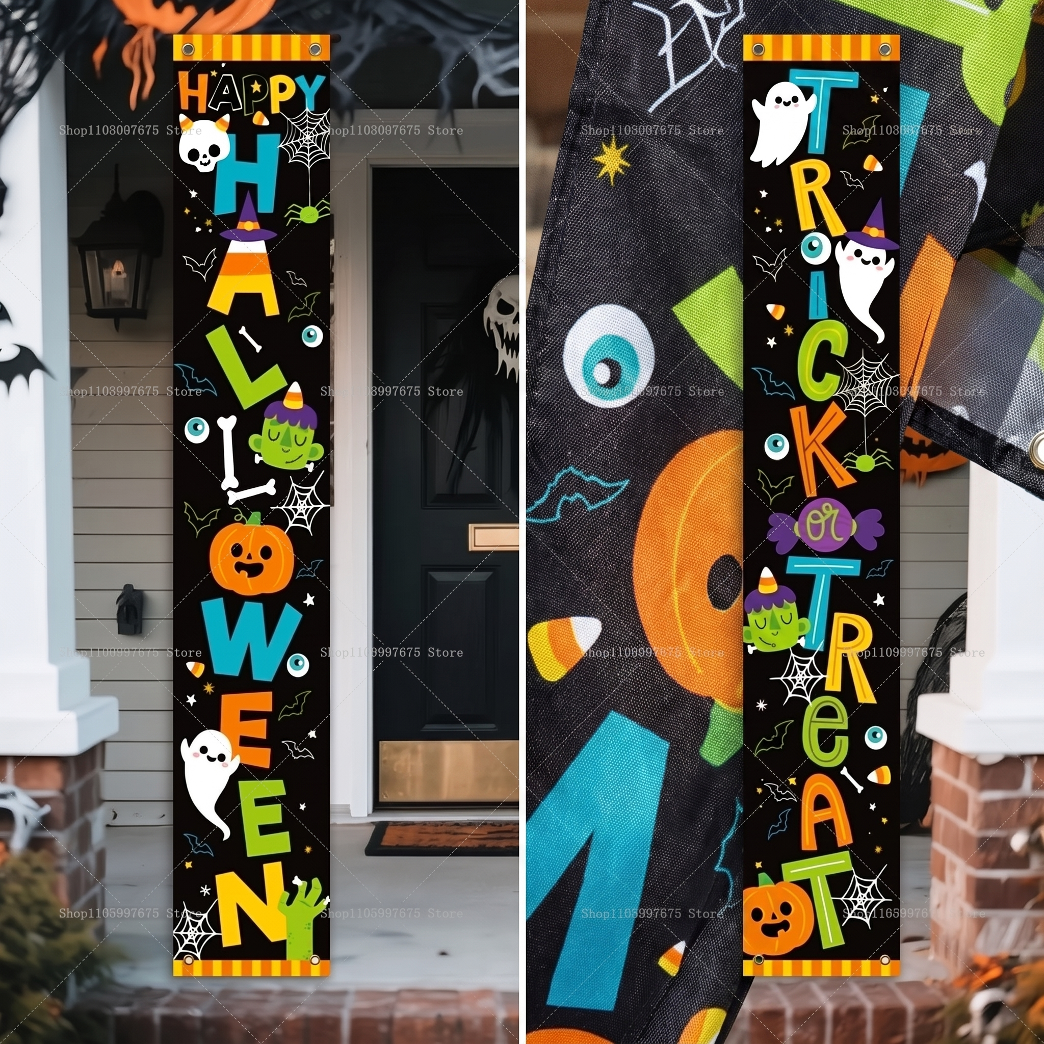 Happy Halloween Porch Banner - Pumpkin & Ghost Trick-or-Treat Wall Hanging