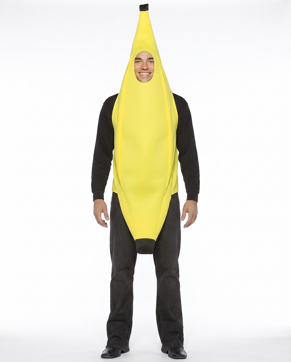 Adult wearing yellow banana full-body costume, front view