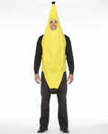 Adult wearing yellow banana full-body costume, front view