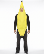 Adult wearing yellow banana full-body costume, front view
