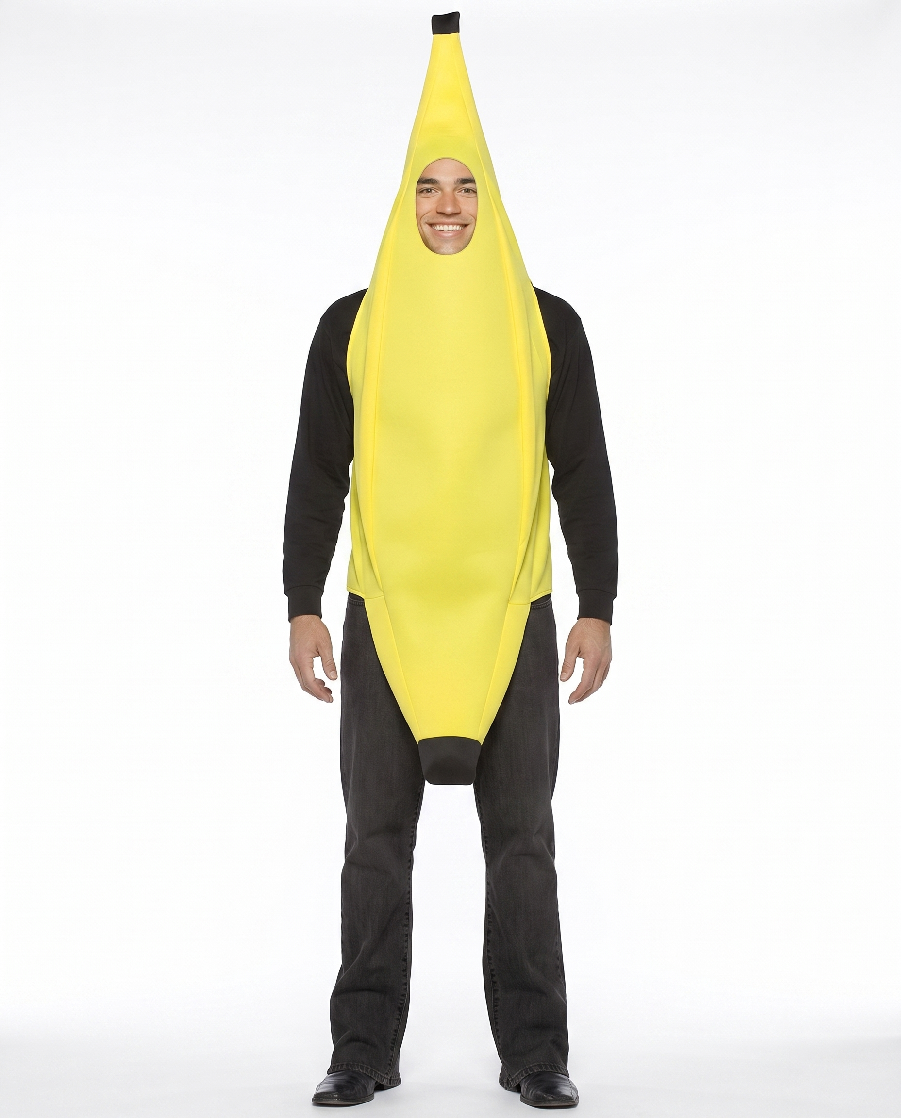 Adult wearing yellow banana full-body costume, front view