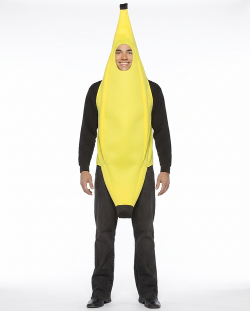 Adult wearing yellow banana full-body costume, front view