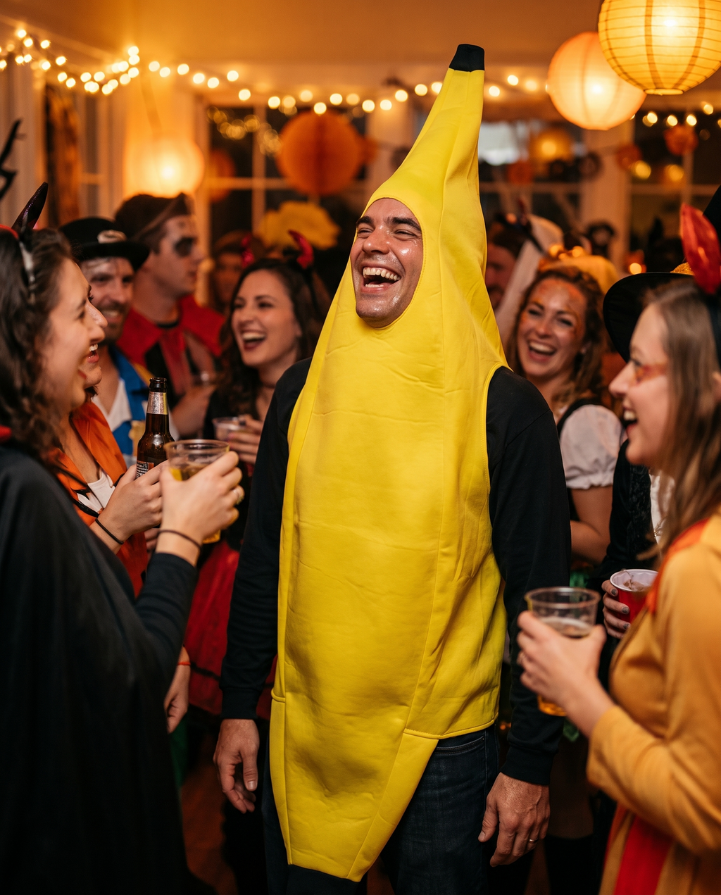 Person in banana costume at a Halloween party