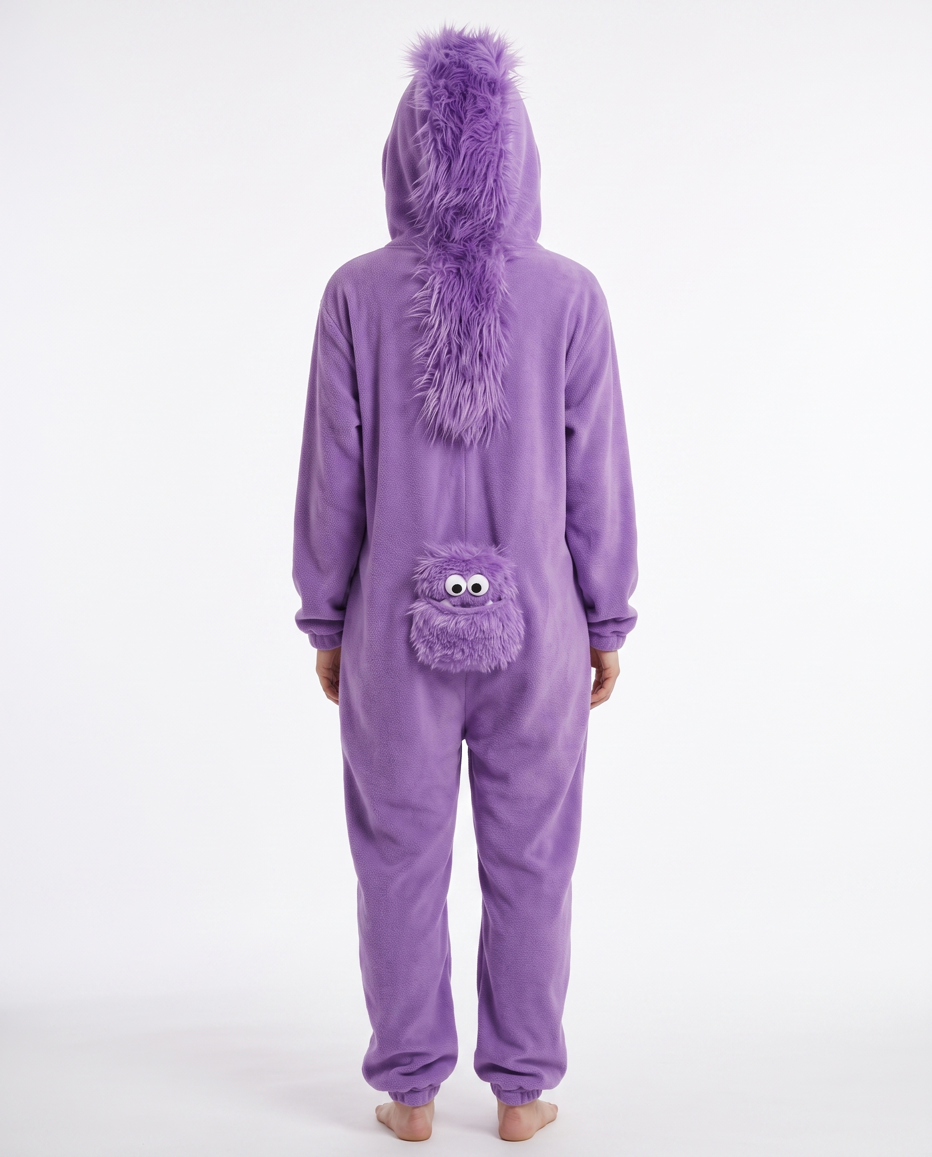 Monster onesie back view showing mane and pocket