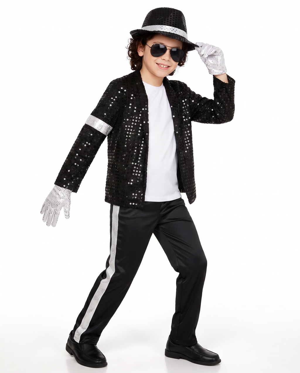 Child wearing sequin pop star dance costume, front view