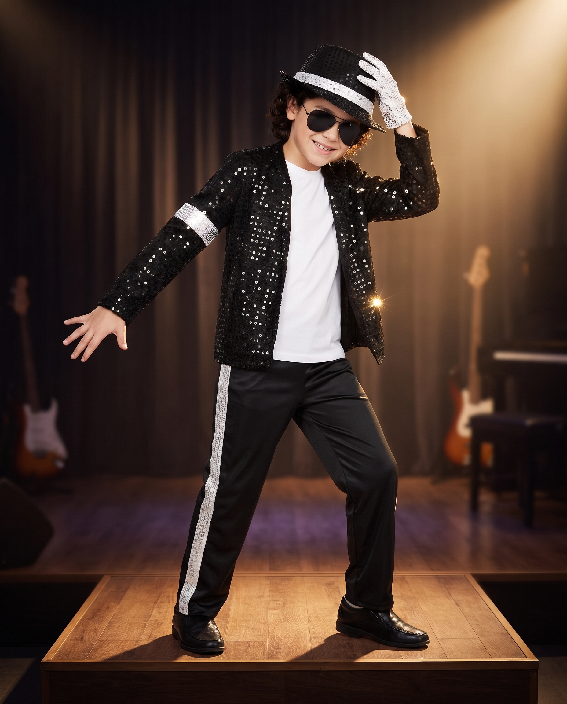 Child performing on stage in pop star costume