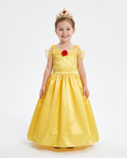 Little girl wearing a yellow princess dress-up gown and tiara