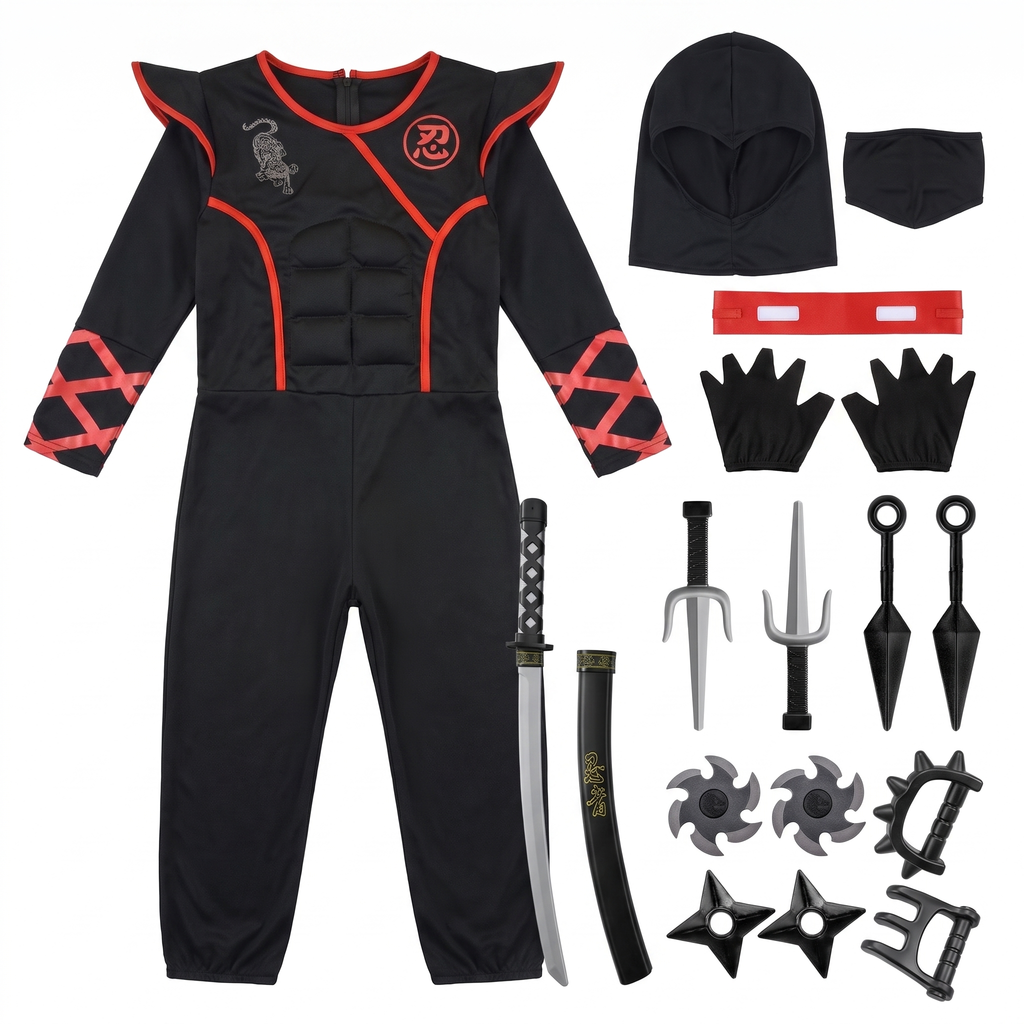 Complete ninja costume set with accessories laid out