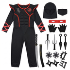 Complete ninja costume set with accessories laid out