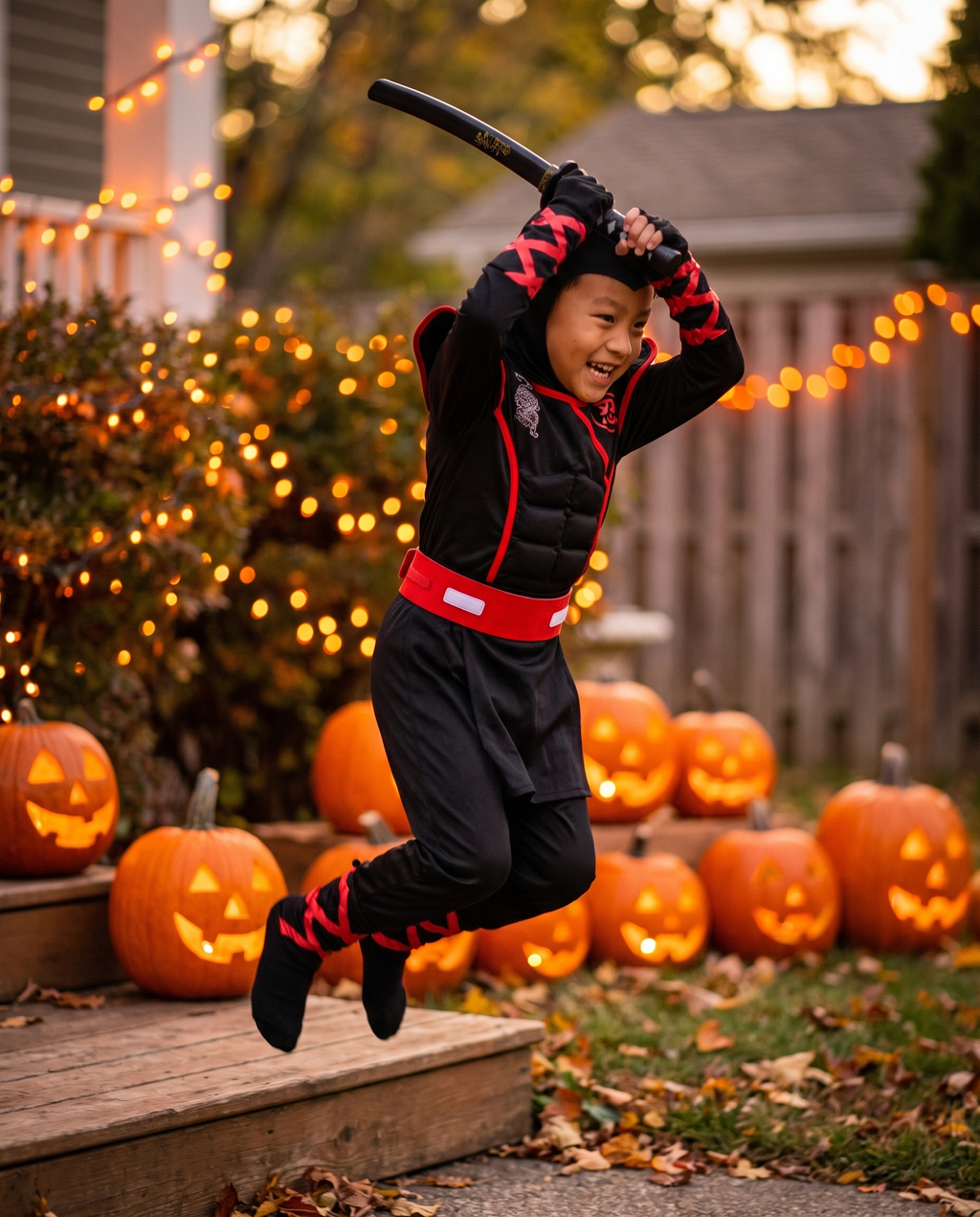 Child in ninja costume posing at a Halloween party