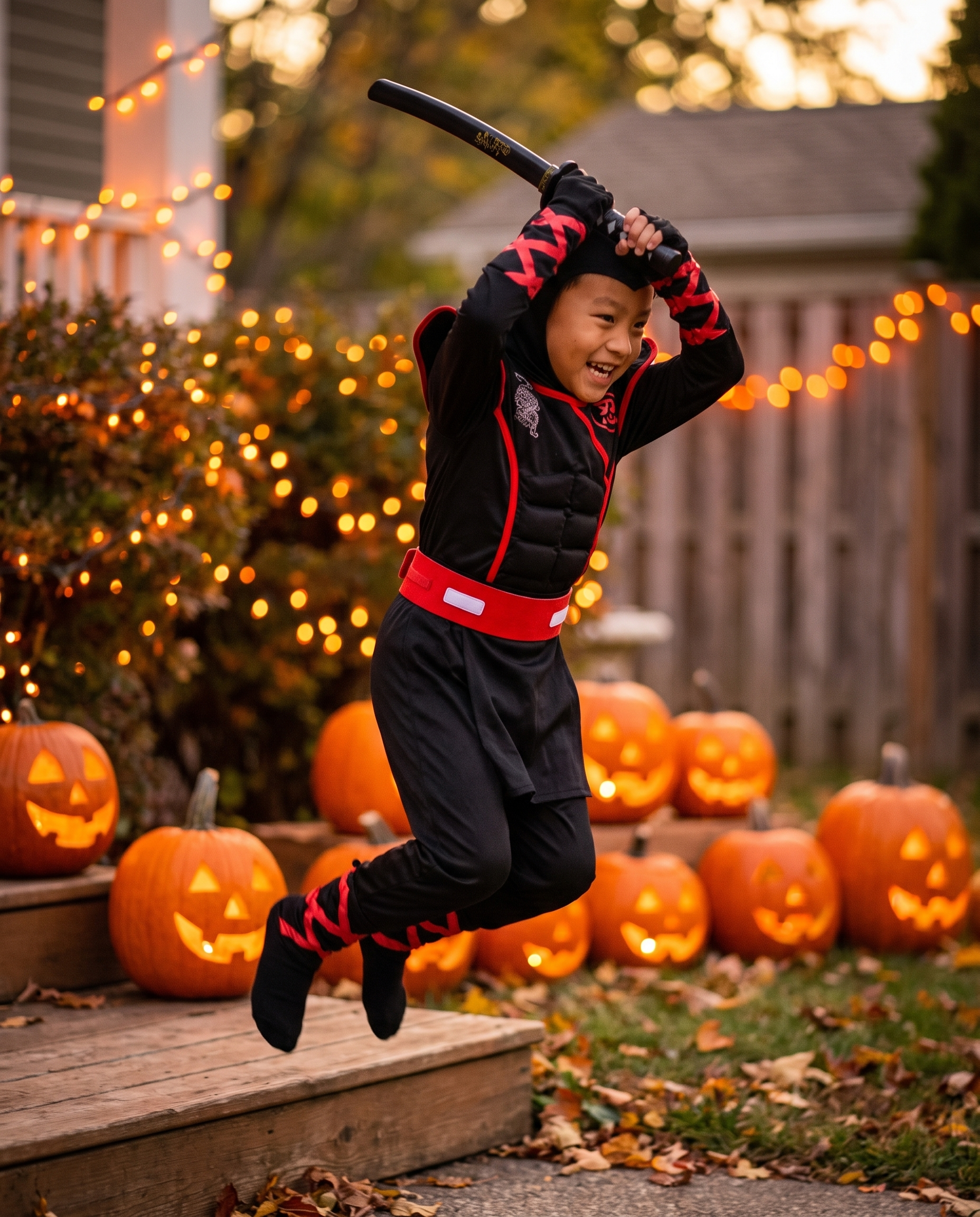 Child in ninja costume posing at a Halloween party