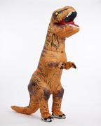 Adult wearing brown inflatable T-Rex dinosaur costume, front view
