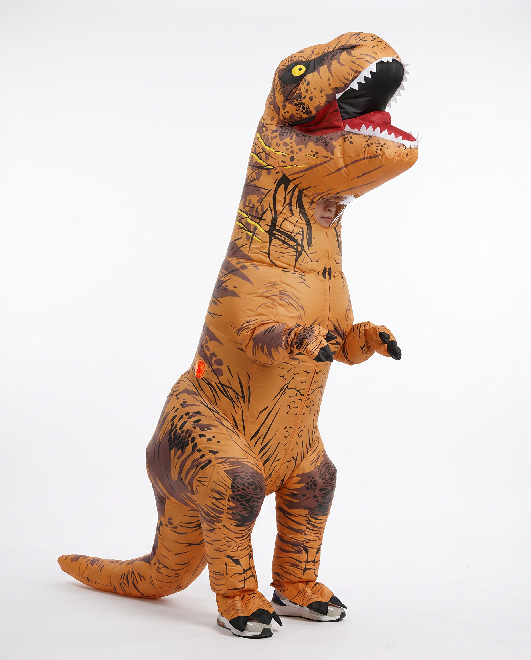 Adult wearing brown inflatable T-Rex dinosaur costume, front view