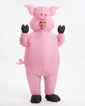 Adult wearing inflatable pink pig costume, front view