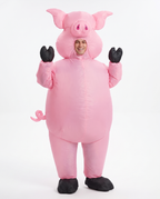 Adult wearing inflatable pink pig costume, front view