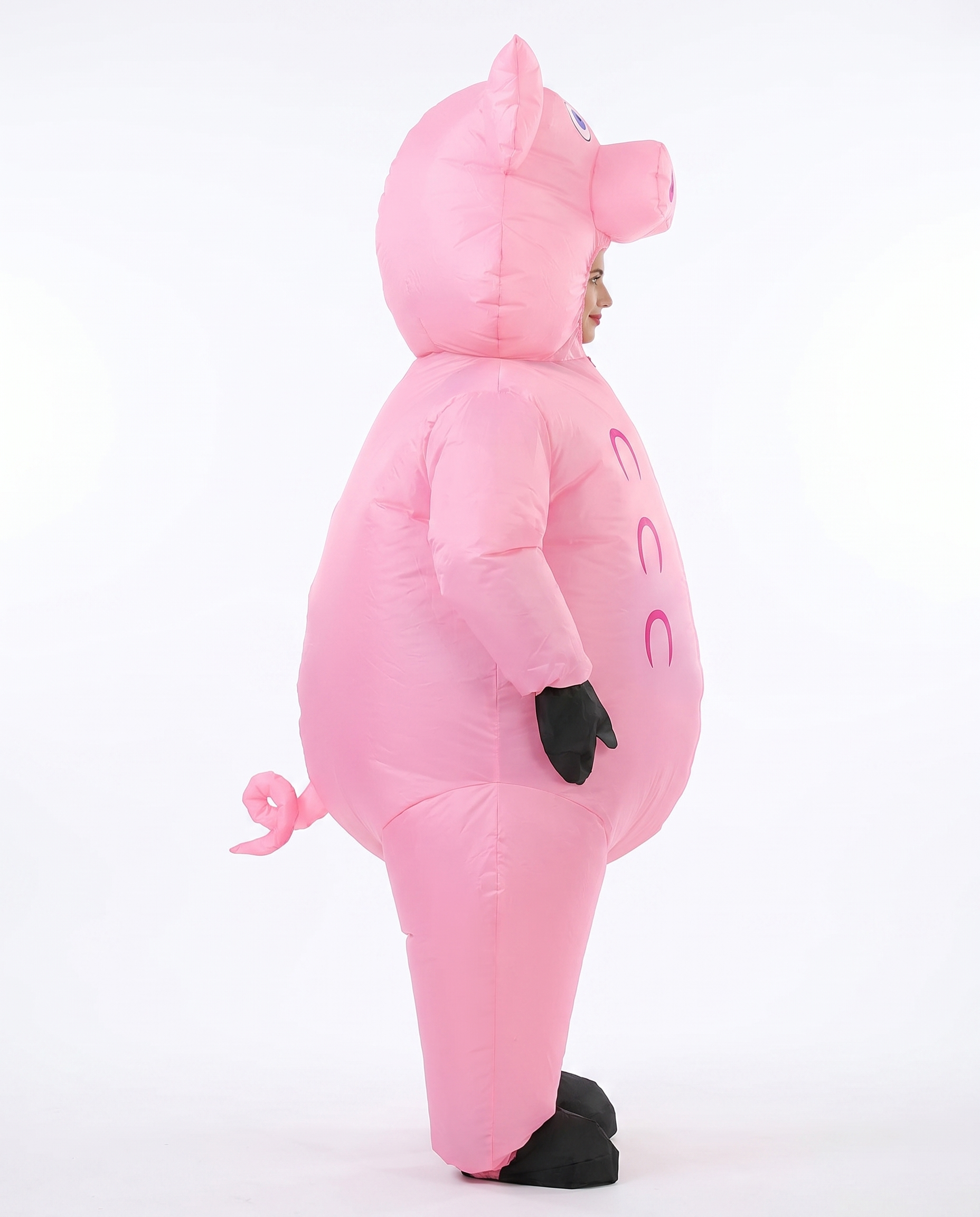 Inflatable pig costume side view with curly tail