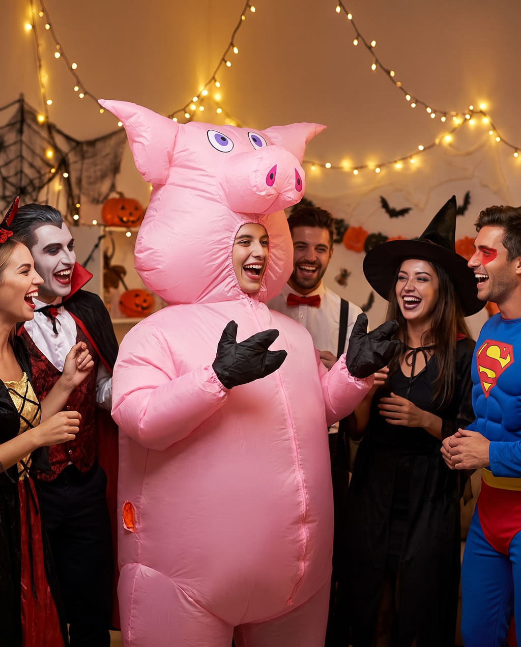 Person in inflatable pig costume at a Halloween party