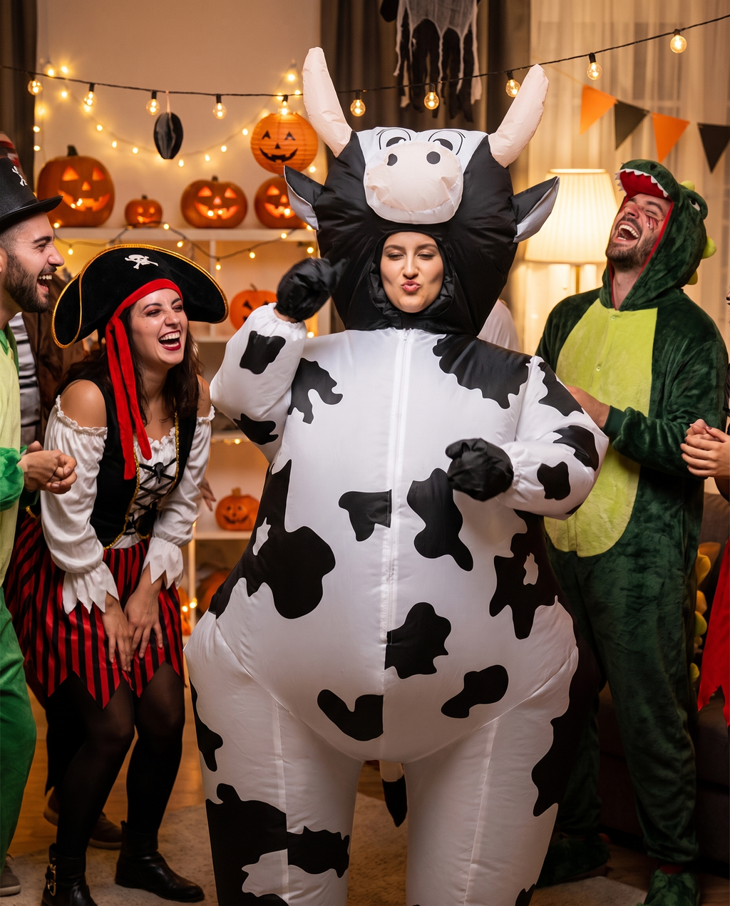 Person in inflatable cow costume at a Halloween party