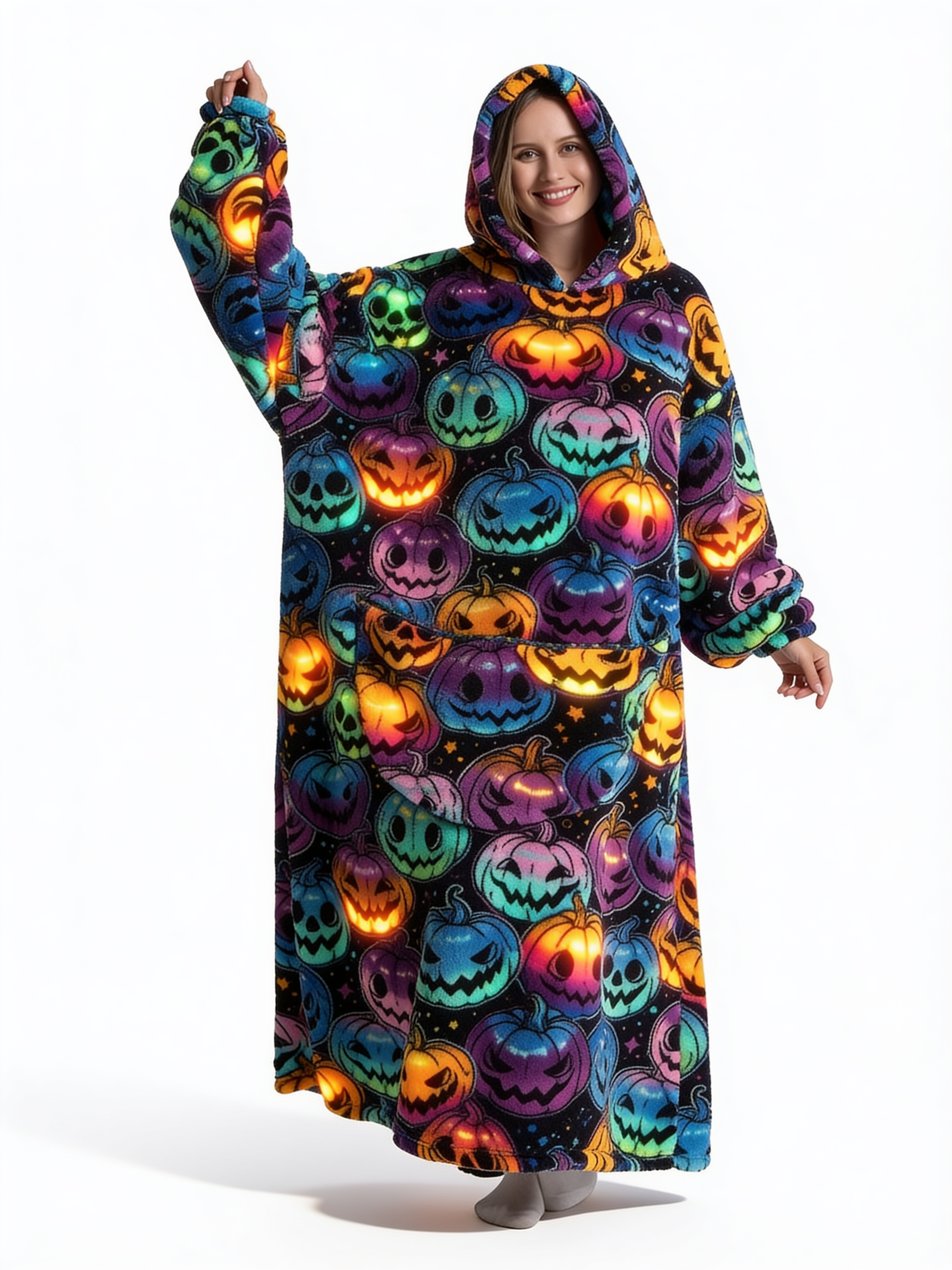 Pumpkin Glow oversized wearable blanket hoodie with glowing jack-o'-lantern print, shown on a white background