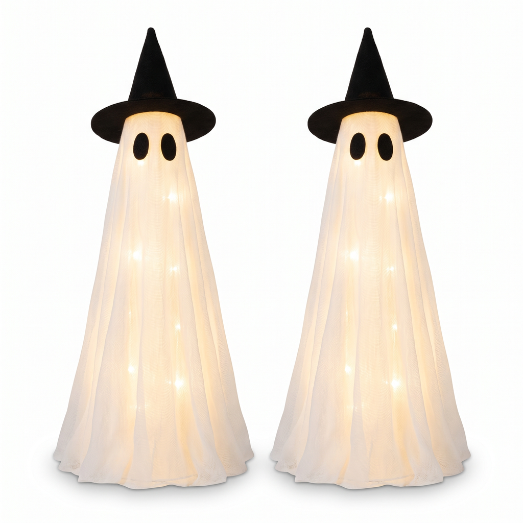 Two light-up ghost centerpieces with witch hats