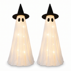 Two light-up ghost centerpieces with witch hats