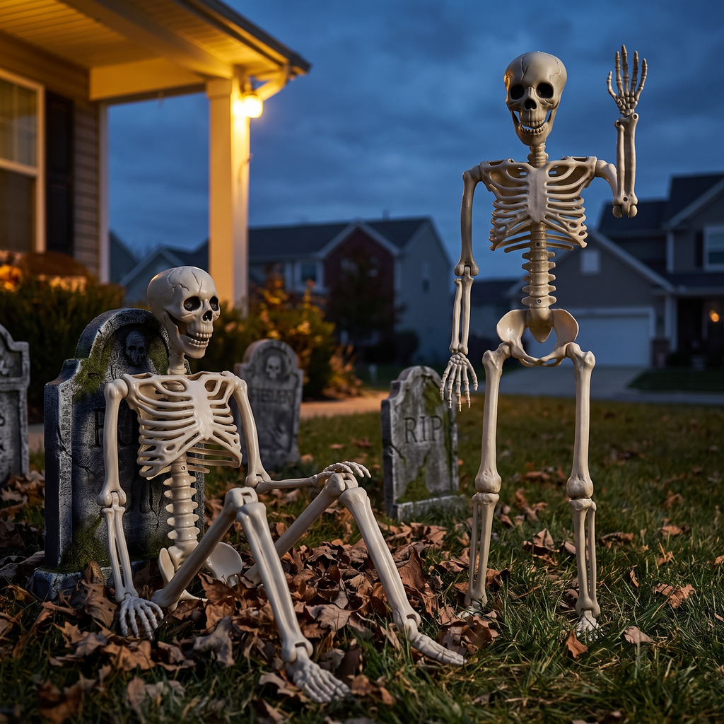 Skeletons staged in a front yard graveyard at dusk