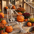 Skeleton sitting on a porch step with pumpkins