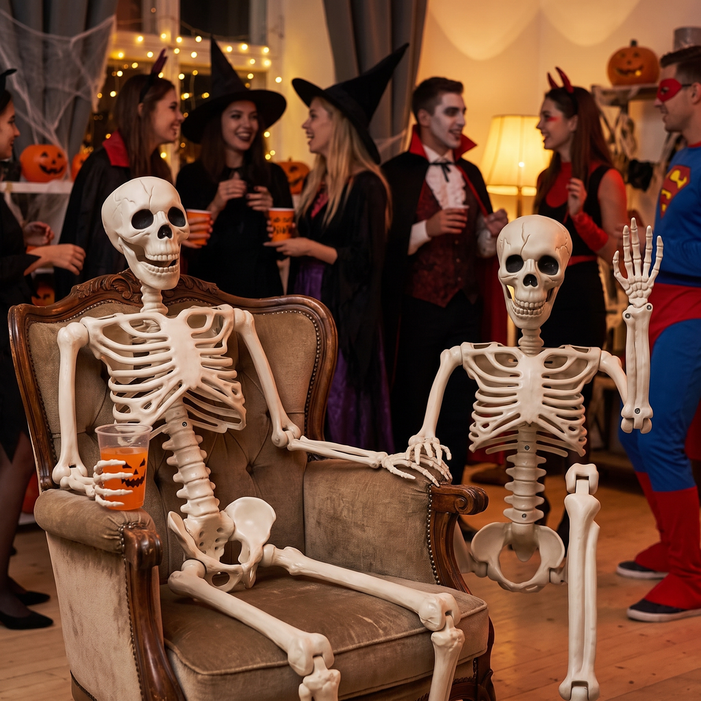 Skeletons at an indoor Halloween party