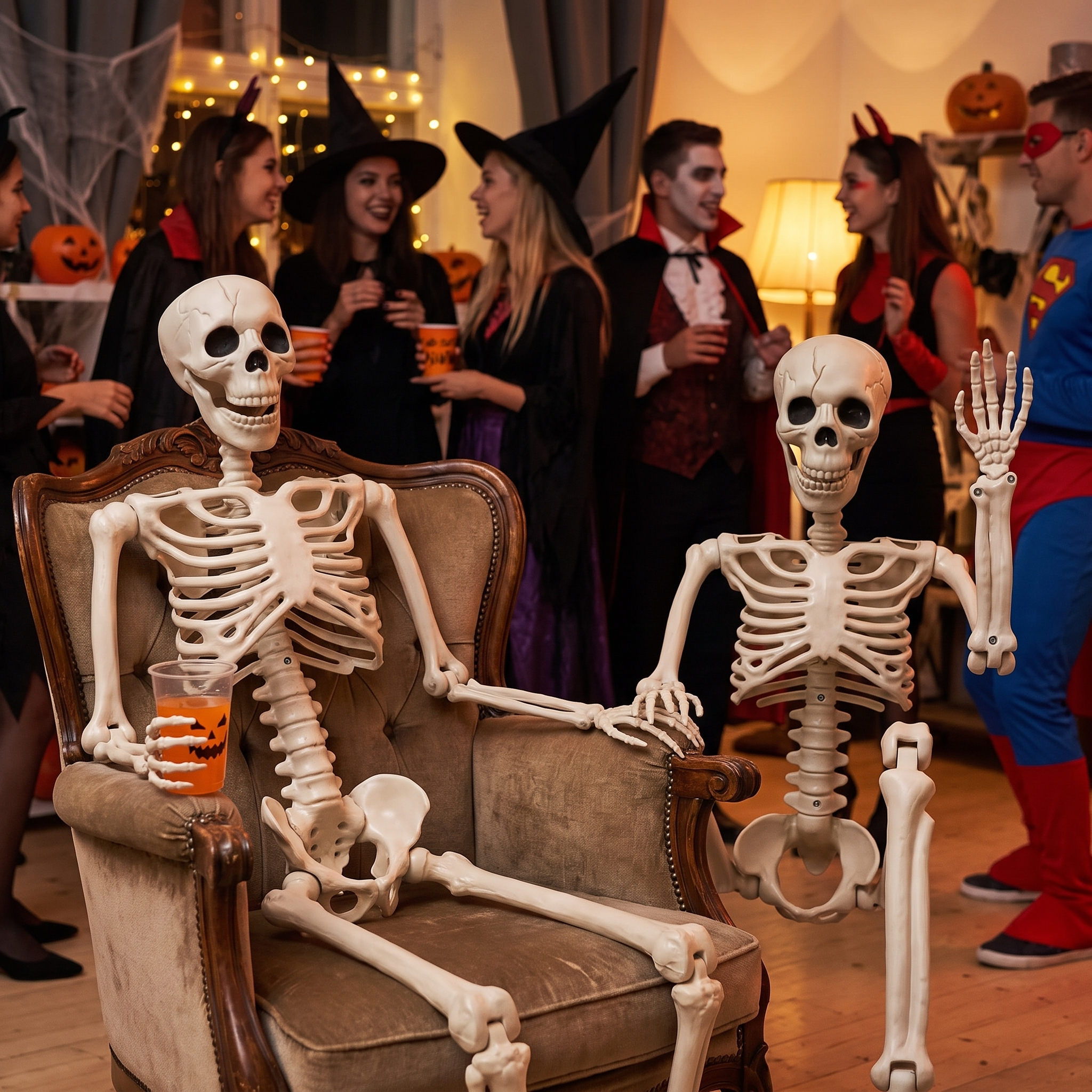 Skeletons at an indoor Halloween party