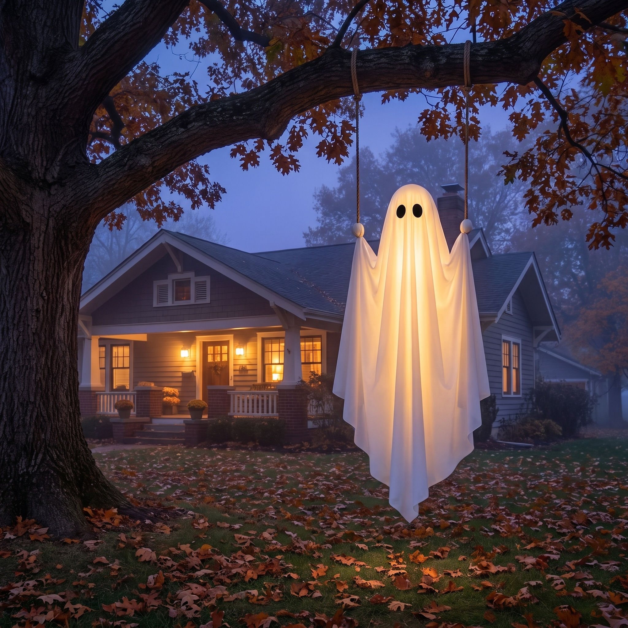 Swing ghost hanging from a tree at dusk