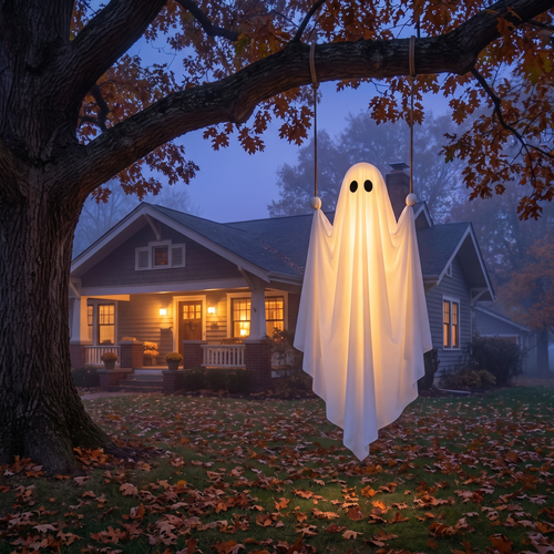 Swing ghost hanging from a tree at dusk