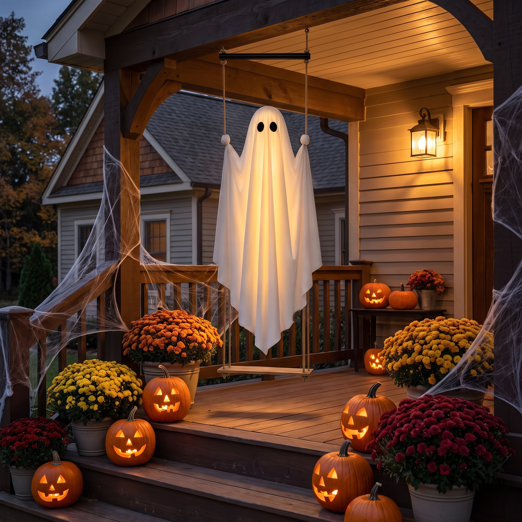 Swing ghost on a decorated front porch