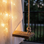 Close-up of the woven string lights and rope