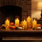 Flameless candles glowing on a mantel