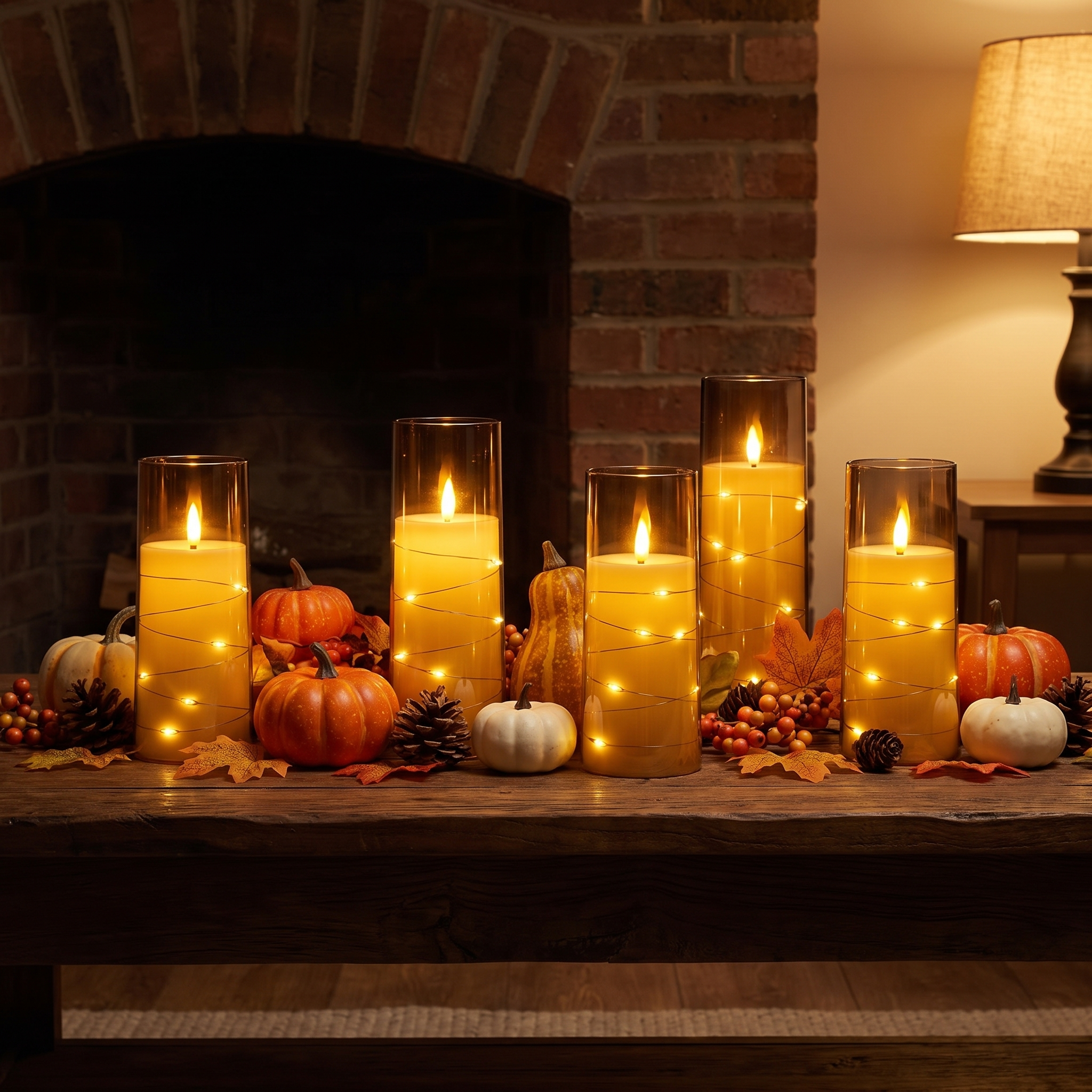 Flameless candles glowing on a mantel