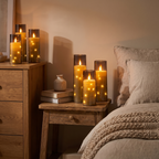 Candles glowing in a cozy bedroom