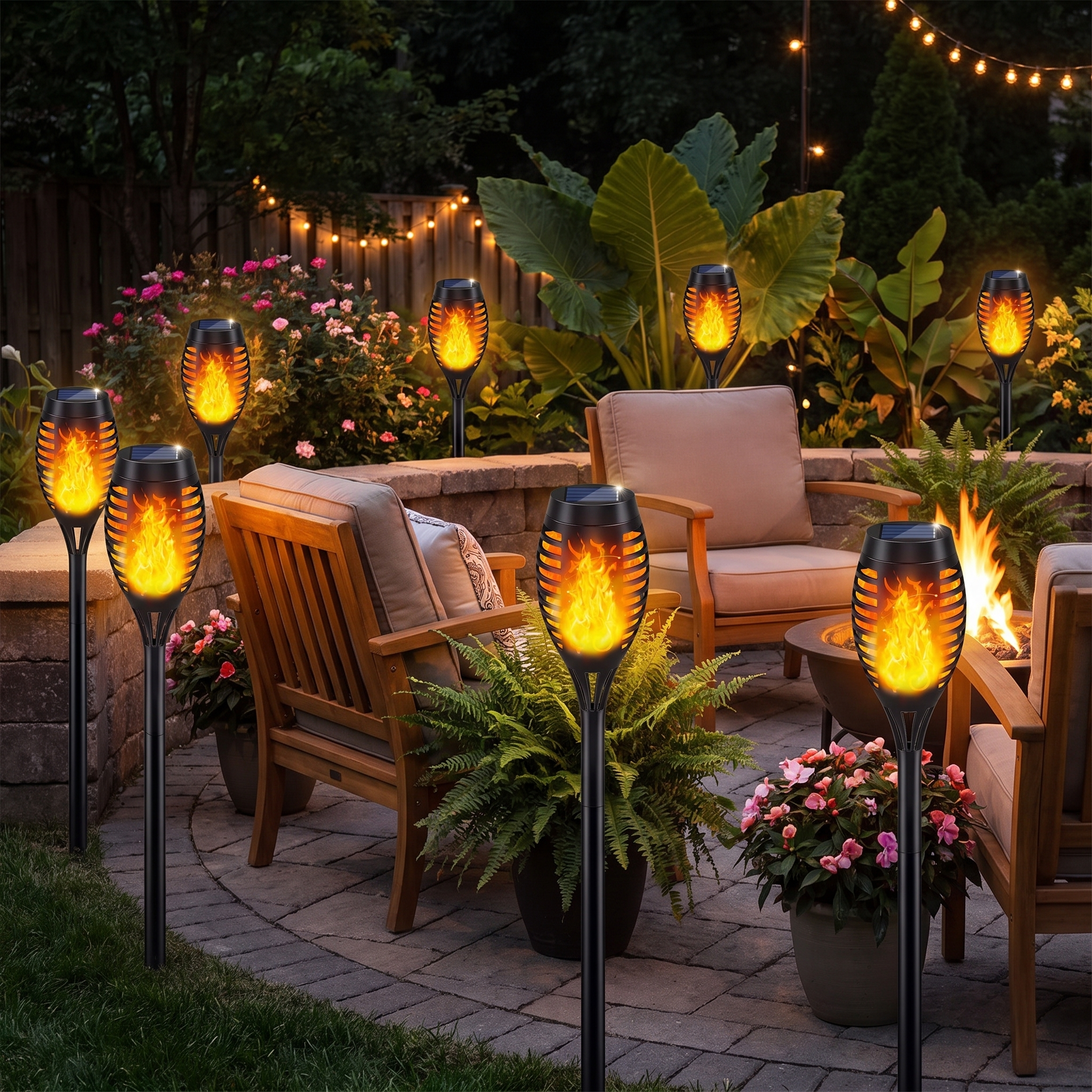Solar torches around a patio at night
