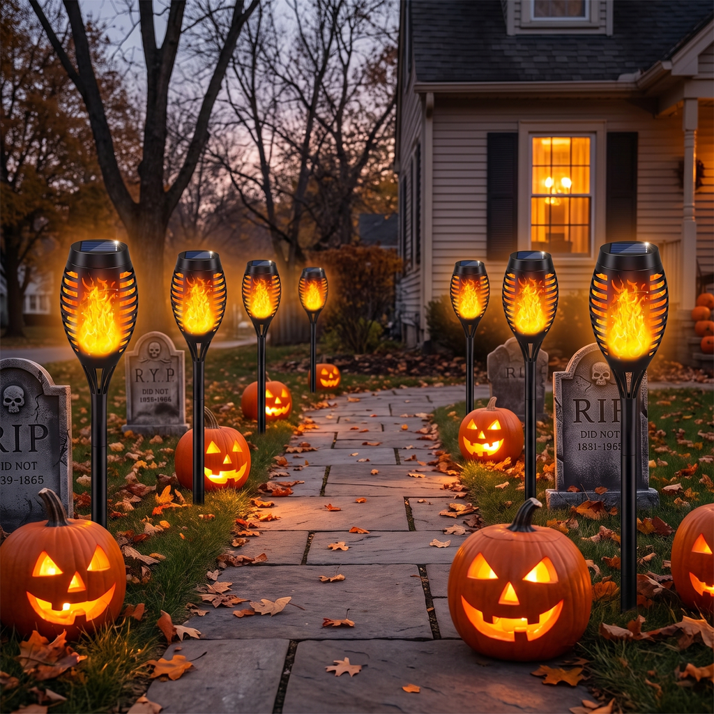 Torches lining a Halloween walkway with pumpkins