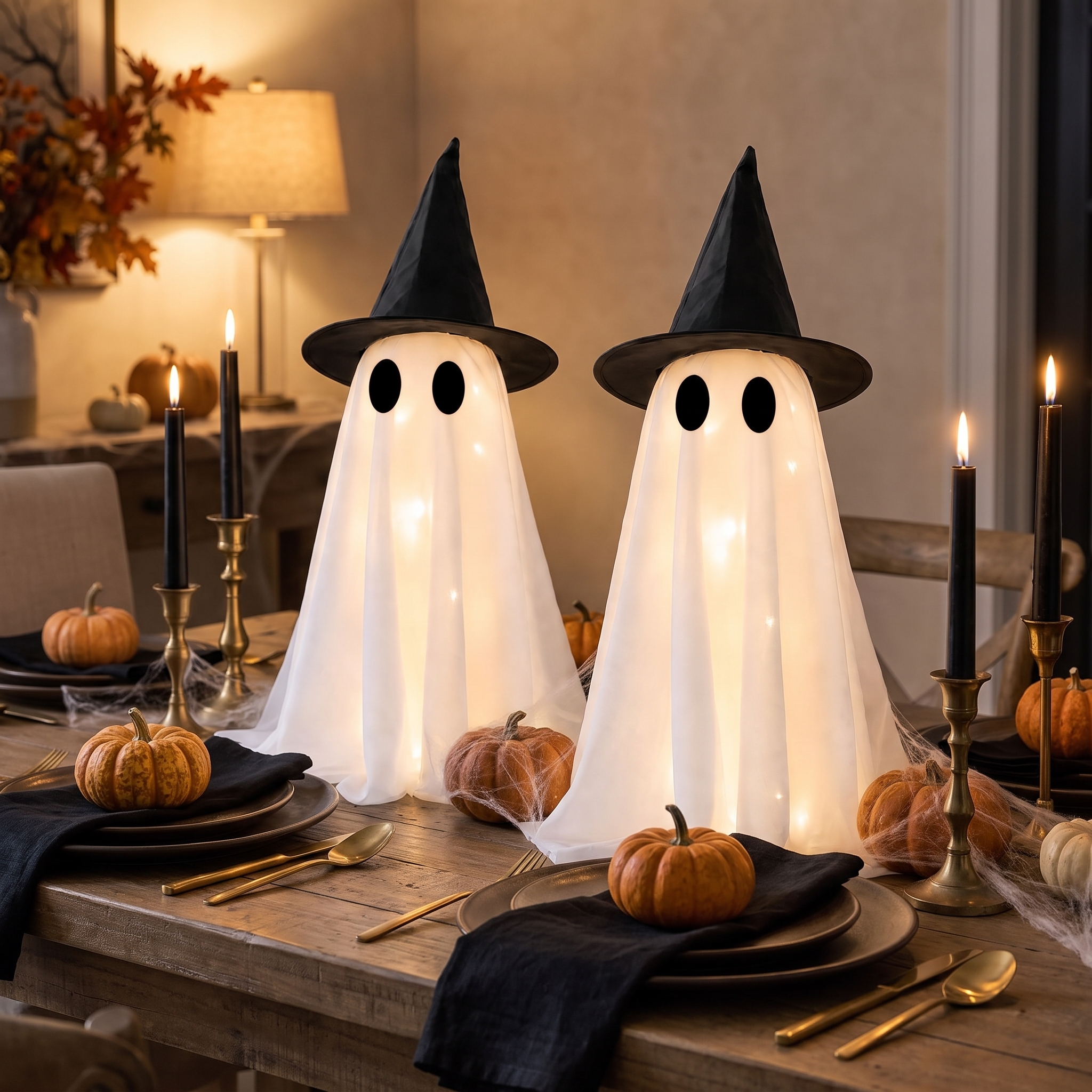 Light-up ghosts as a dining table centerpiece