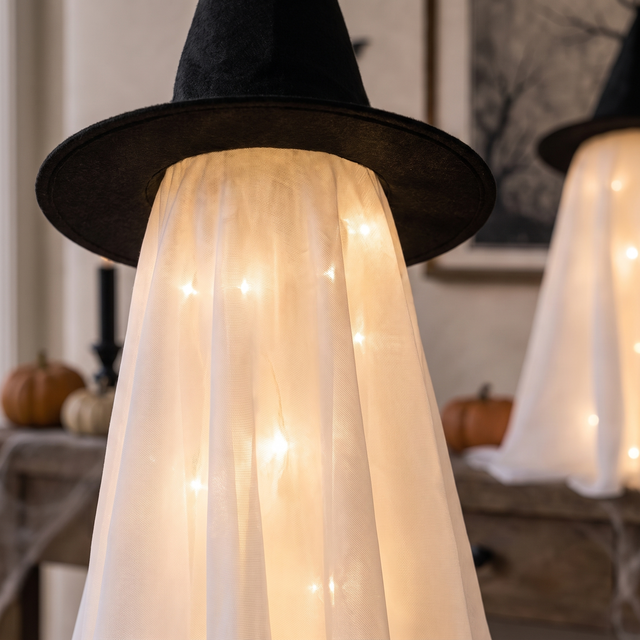 Close-up of the glow through the fabric and witch hat