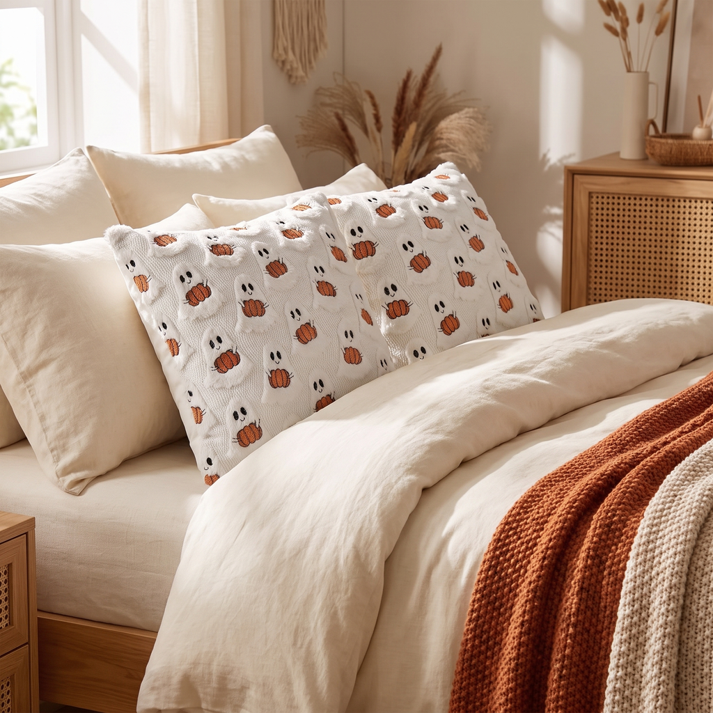 Pillows propped on a cozy bed