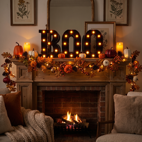 BOO letters glowing on a decorated mantel